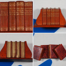 Load image into Gallery viewer, ATTRACTIVE DESK SET OF FOUR LEATHER-BOUND LILLIPUT DICTIONARIES (ENGLISH, FRENCH AND GERMAN). BY PROF. WERSHOVEN. >>MINIATURE BOOK<<
